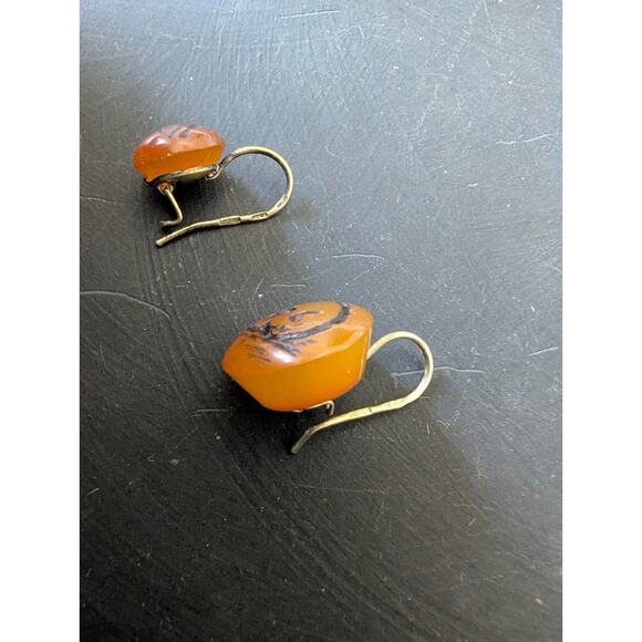 MEMENTO MORI Hand Carved Pair Amber Button Earrings OOAK - Picture 4 of 6